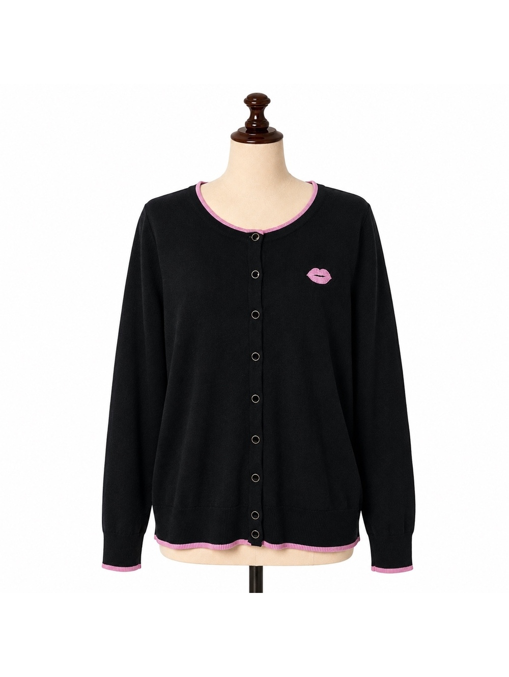 Charter Club Black Cardigan Sweater Large Cotton Rayon Pink Lipstick